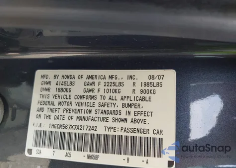 2007 Honda Accord 2.4 Ex from USA, damaged, VIN 1HGCM567X7A217242